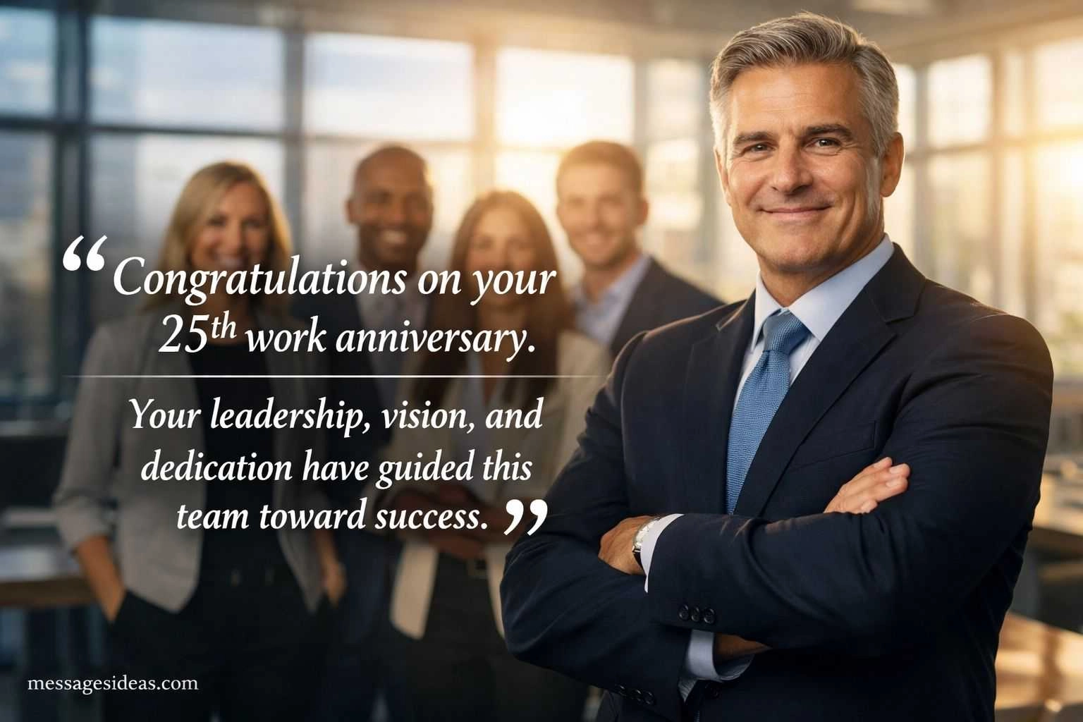 Corporate leadership themed quote image recognizing a 25 year work anniversary, highlighting dedication, vision, and leadership guiding a team toward long-term success.