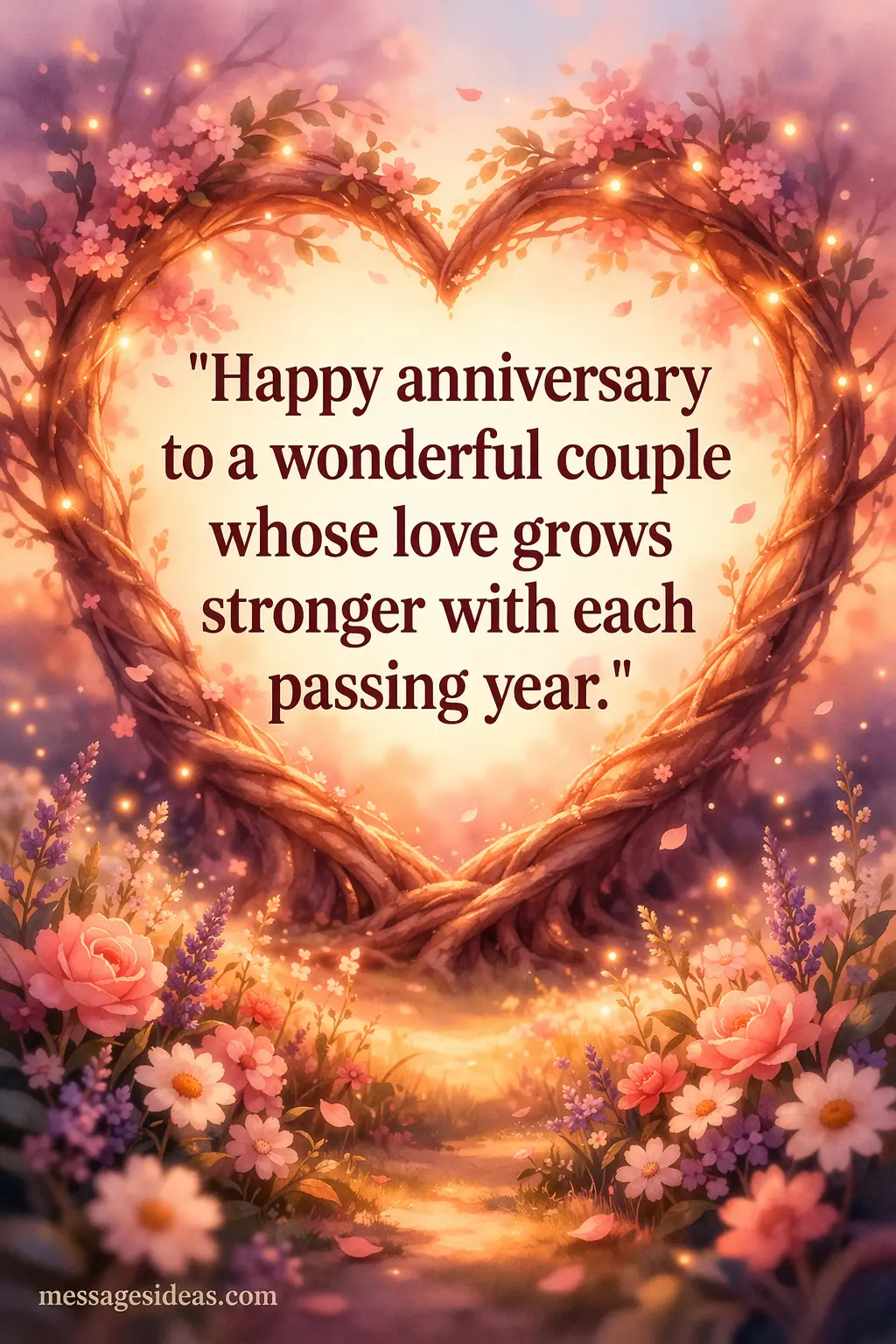 Romantic illustrated garden with glowing lights and flowers representing lasting love, featuring an anniversary quote about a couple whose love grows stronger each year.