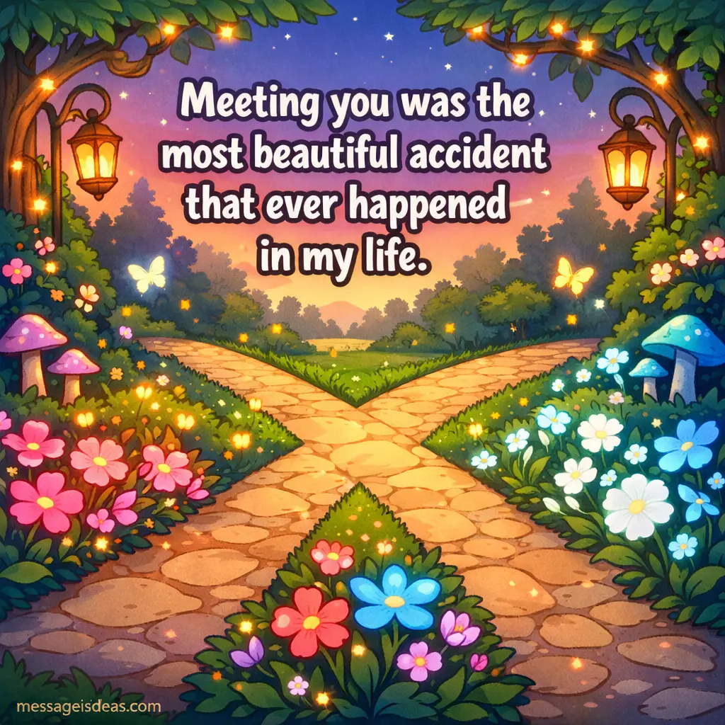 Whimsical cartoon scene of two paths crossing symbolizing a beautiful unexpected love with heartfelt romantic message