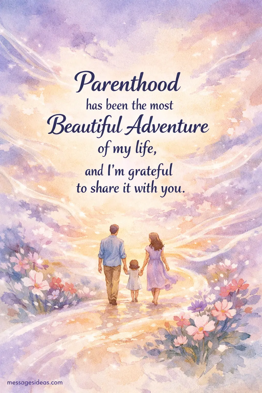 Dreamy watercolor artwork of a couple and child walking together on a glowing path, symbolizing the beautiful shared journey of parenthood and gratitude between partners.