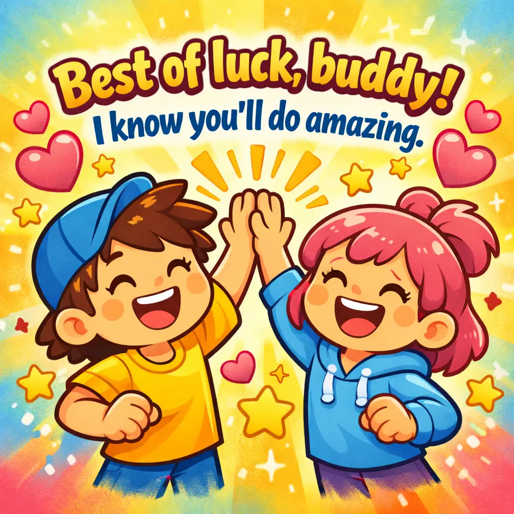 Cheerful friendship cartoon with two characters celebrating and supportive quote wishing good luck and confidence