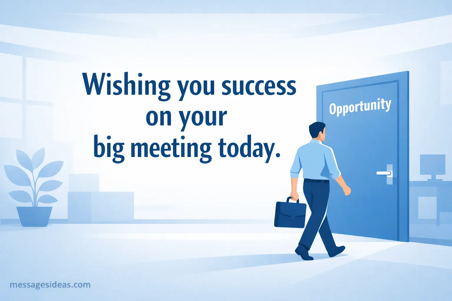 Modern flat illustration of a character approaching opportunity door with motivational quote about success in an important meeting