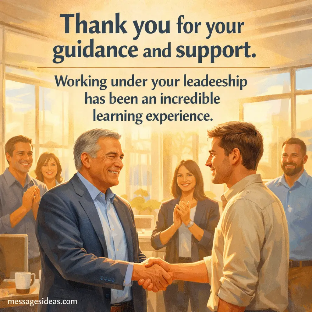 Illustrated office farewell scene showing an employee thanking their boss for guidance and leadership, with a motivational goodbye quote about learning and professional growth.