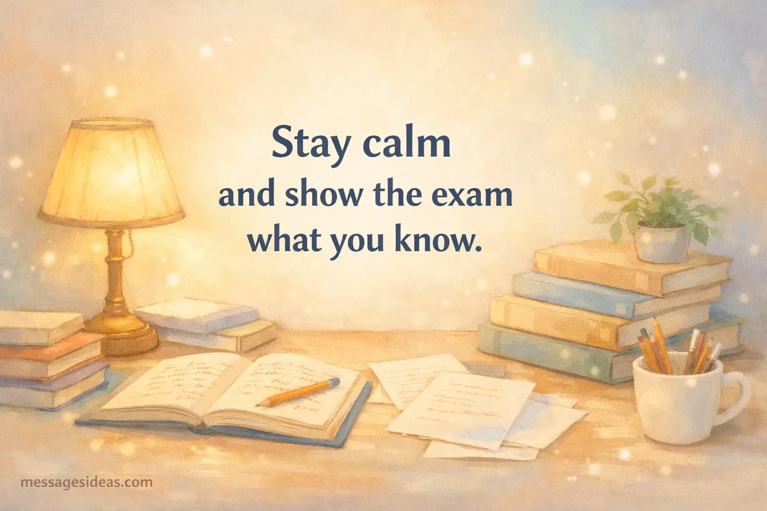 Calm study desk illustration with warm lighting and a motivational exam quote encouraging relaxation and confidence before a test