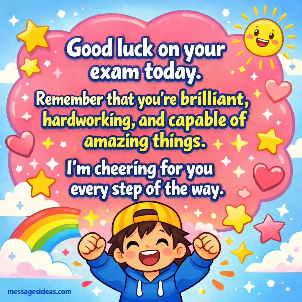 Bright cheerful cartoon scene with supportive elements and a good luck exam message emphasizing encouragement and belief in success