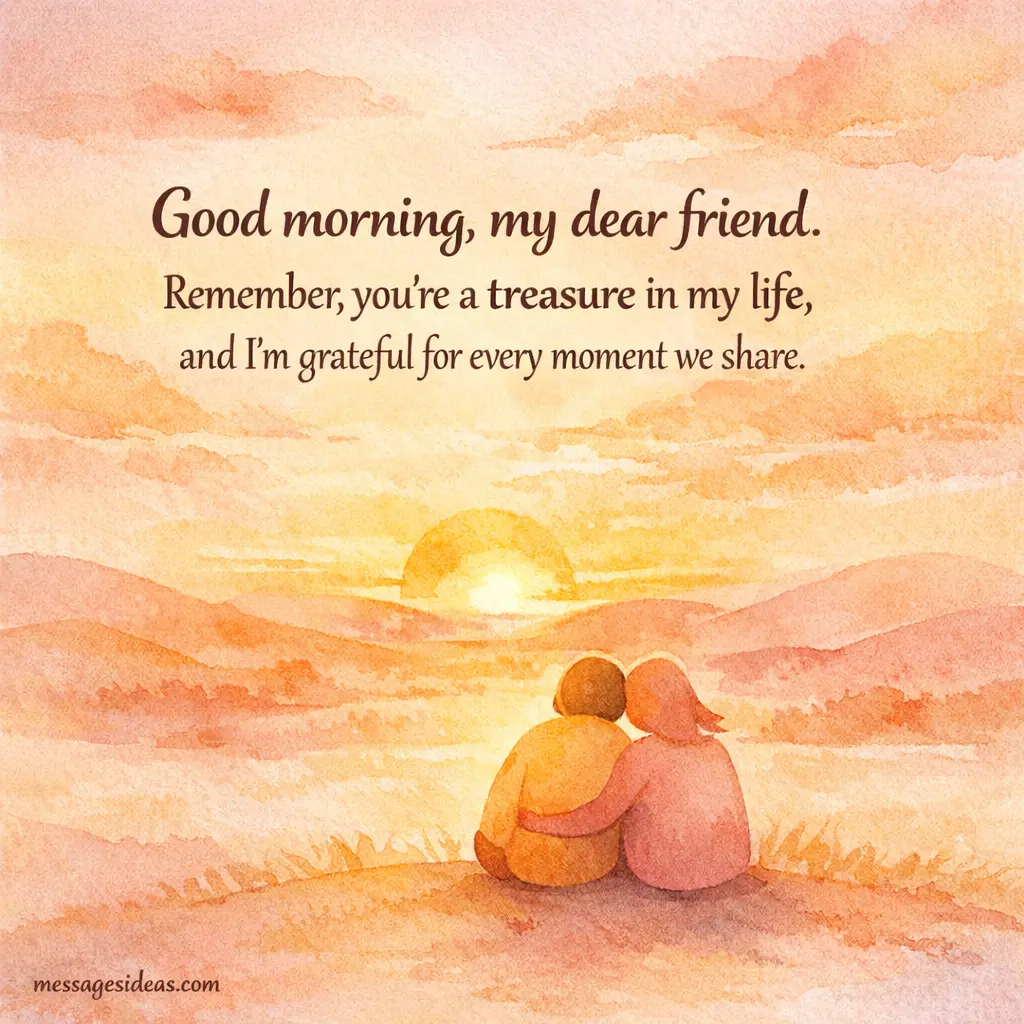 Soft watercolor sunrise illustration with two abstract friends and a heartfelt good morning quote expressing gratitude and deep friendship appreciation.