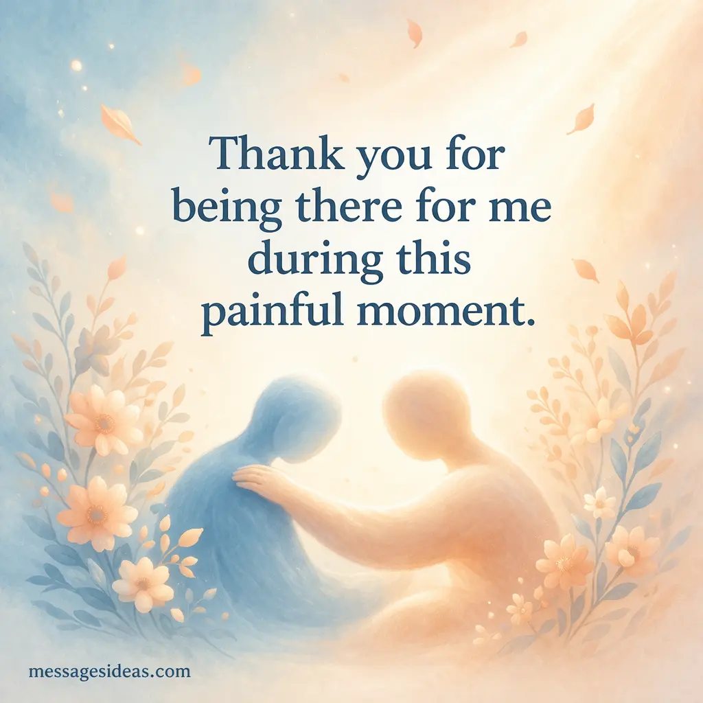 Soft pastel illustration showing emotional support during grief with a comforting quote about being there in painful moments