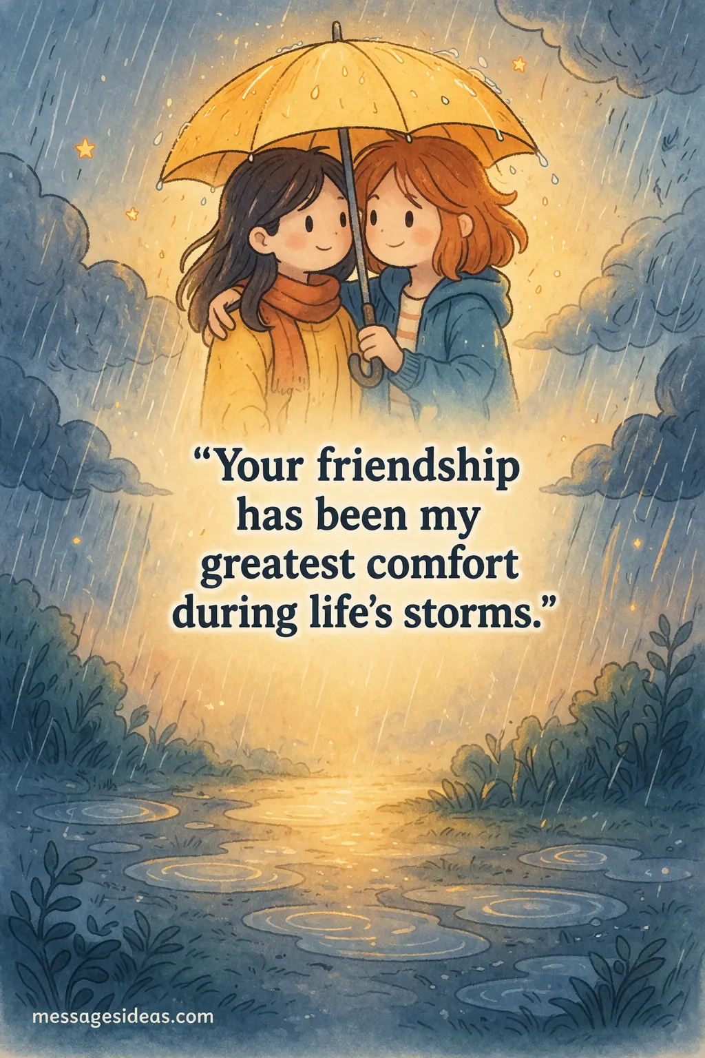 Stylized drawing of two friends sharing an umbrella in the rain, representing comfort and support with a quote about friendship during life’s storms.