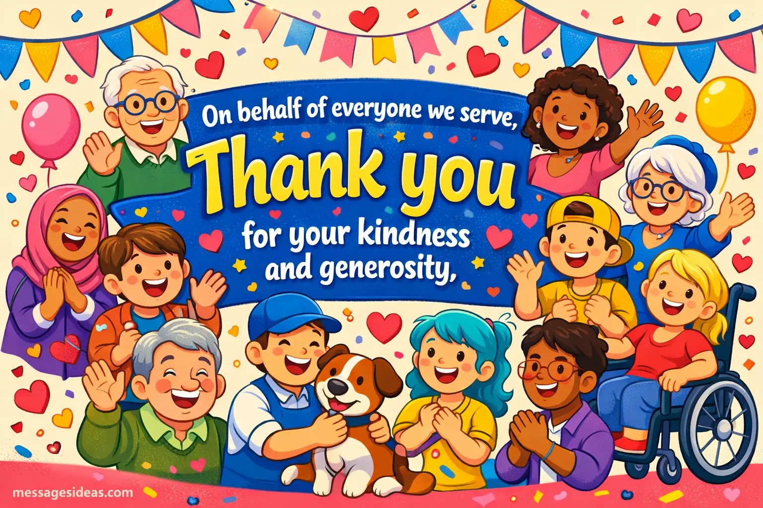 Cartoon-style celebration scene with diverse characters expressing gratitude and appreciation for donors with a community-focused thank you quote