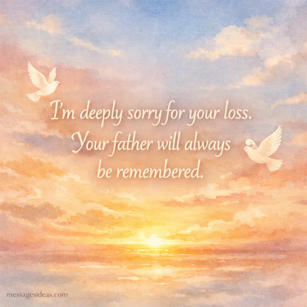 Soft sunset sky illustration with comforting condolence quote expressing sympathy and remembrance for a father's passing