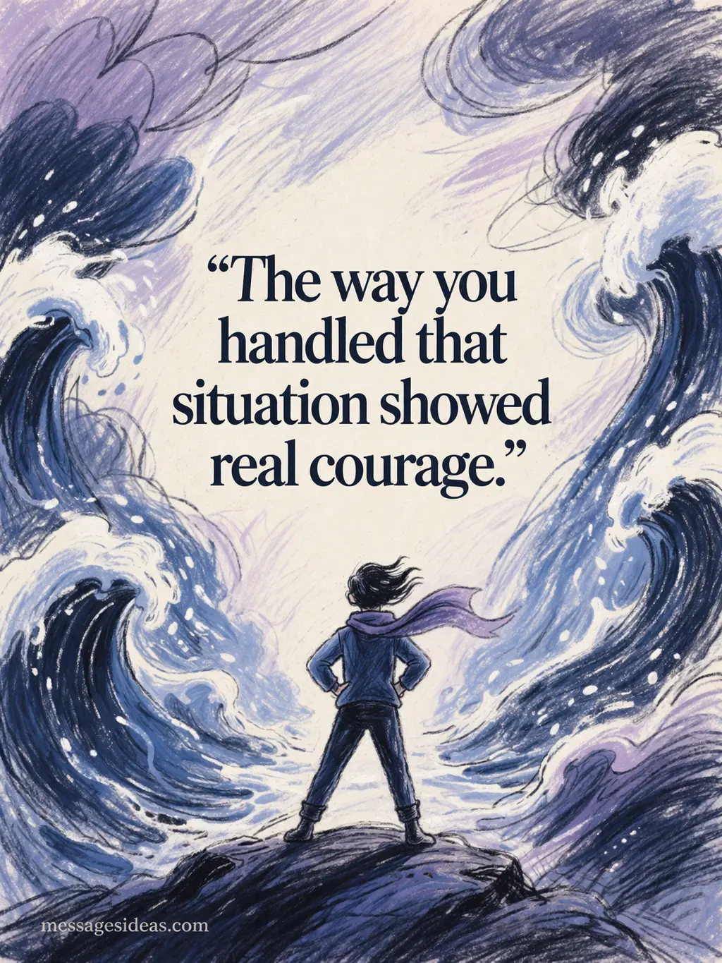 Hand-drawn artistic illustration depicting bravery and overcoming challenges with the quote The way you handled that situation showed real courage.