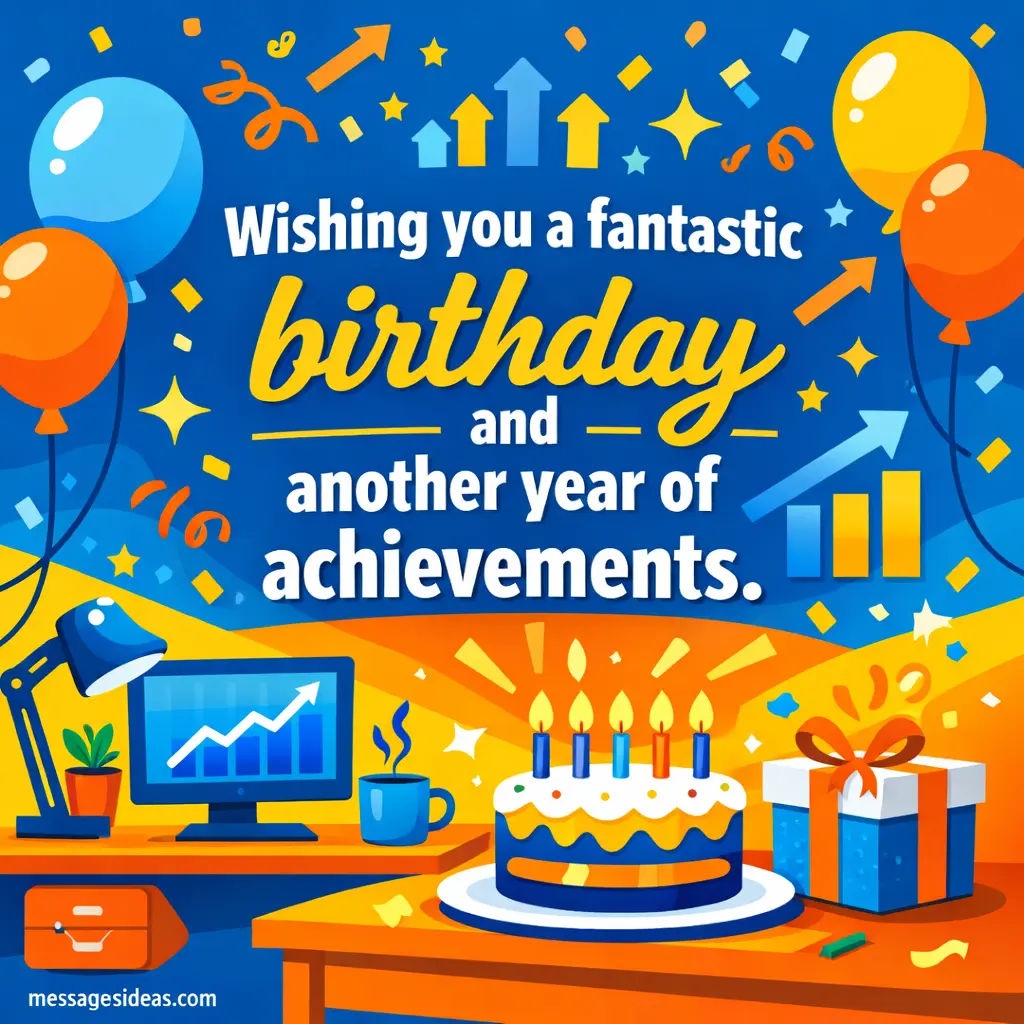 Colorful vector office birthday celebration with balloons and cake representing achievements and success message for coworker birthday wishes