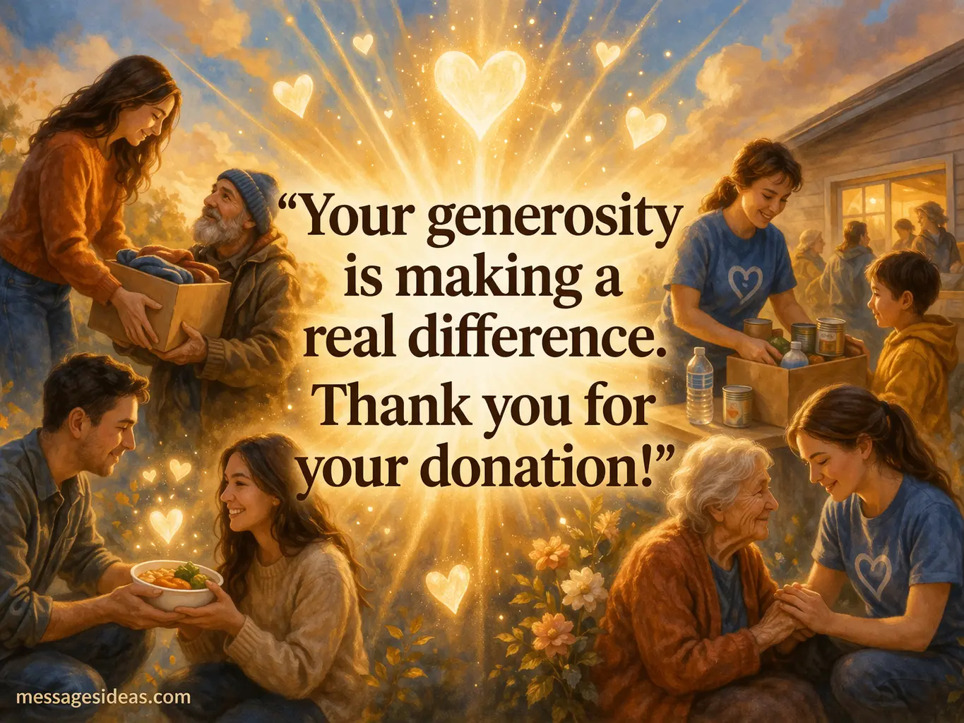 Stylized illustration of community support and glowing light representing impact with a gratitude quote about donation making a real difference