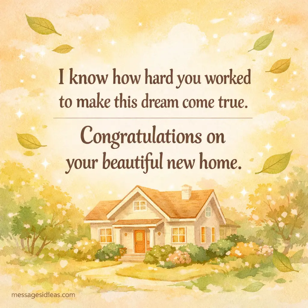 Warm illustrated new home scene with soft sunlight and greenery featuring a heartfelt congratulations quote about achieving a dream home