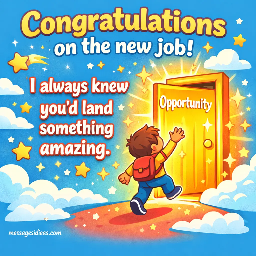 Playful cartoon scene showing a dream job achievement with uplifting congratulatory quote and bright cheerful design.