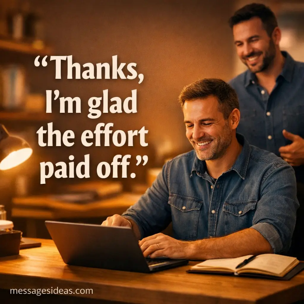 Motivational workspace scene showing a man being acknowledged for his effort with the quote Thanks, I'm glad the effort paid off, representing humility and appreciation for hard work recognition.