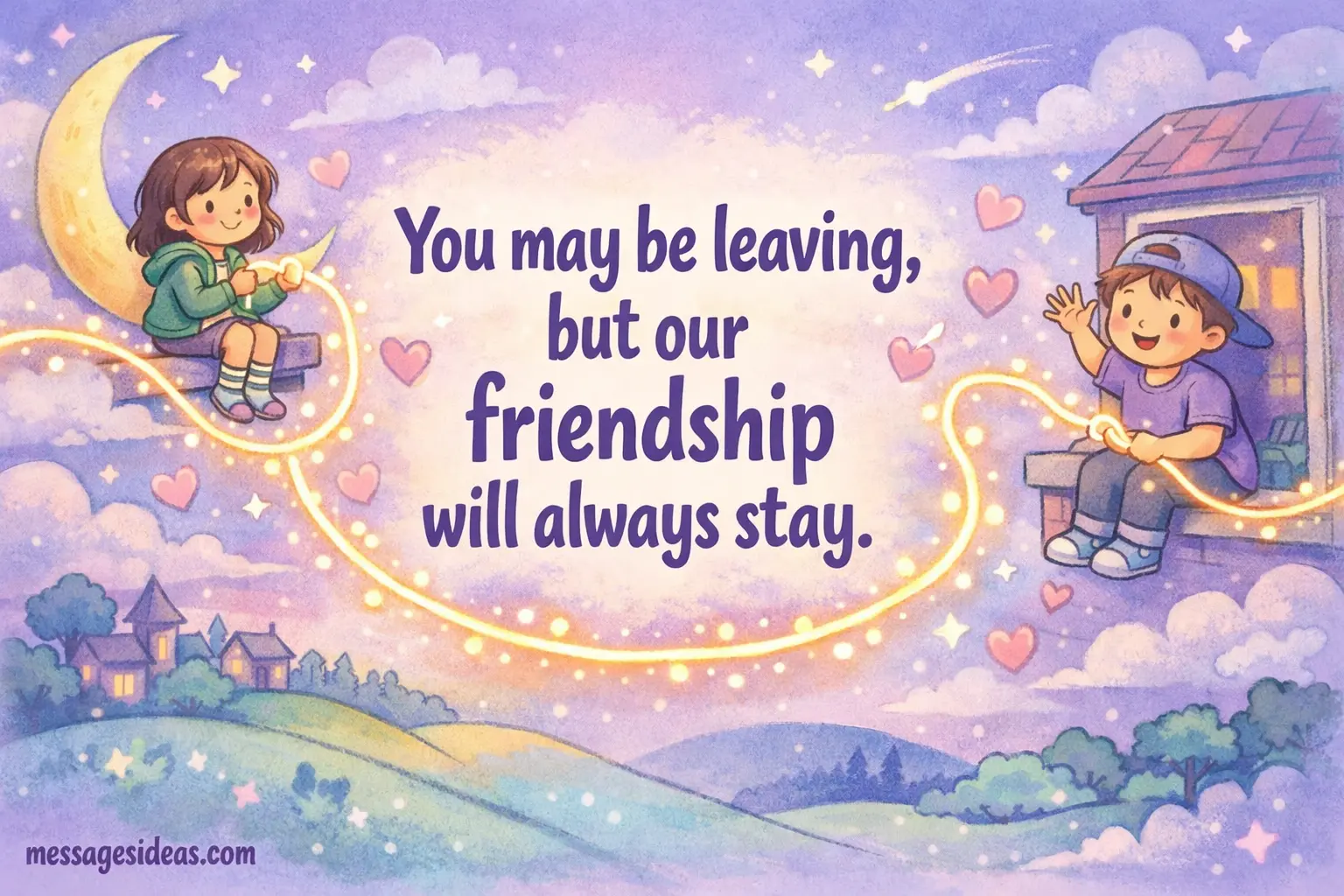 Whimsical illustration showing lasting friendship connection across distance highlighting emotional goodbye and enduring bond