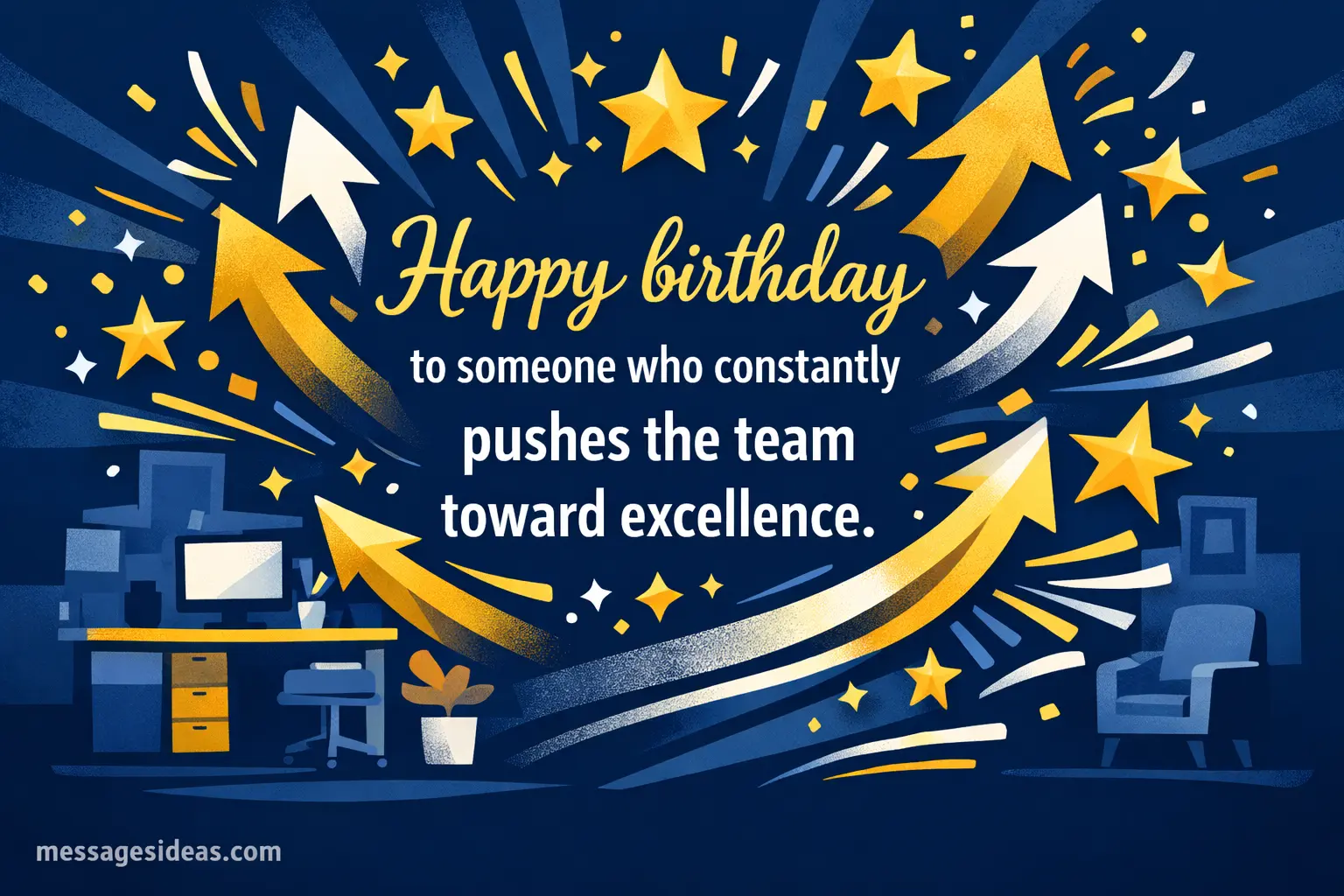 Modern abstract illustration with arrows and stars highlighting excellence and growth for a motivational coworker birthday quote
