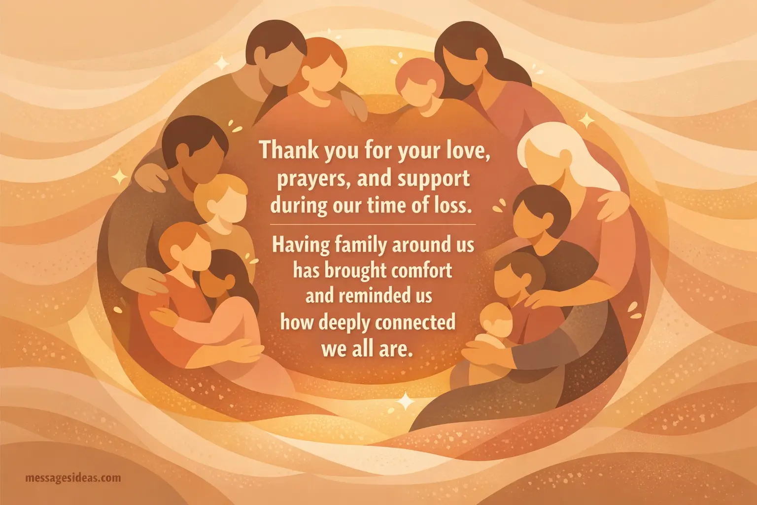 Flat vector family unity illustration highlighting love and support during loss with a heartfelt long gratitude quote