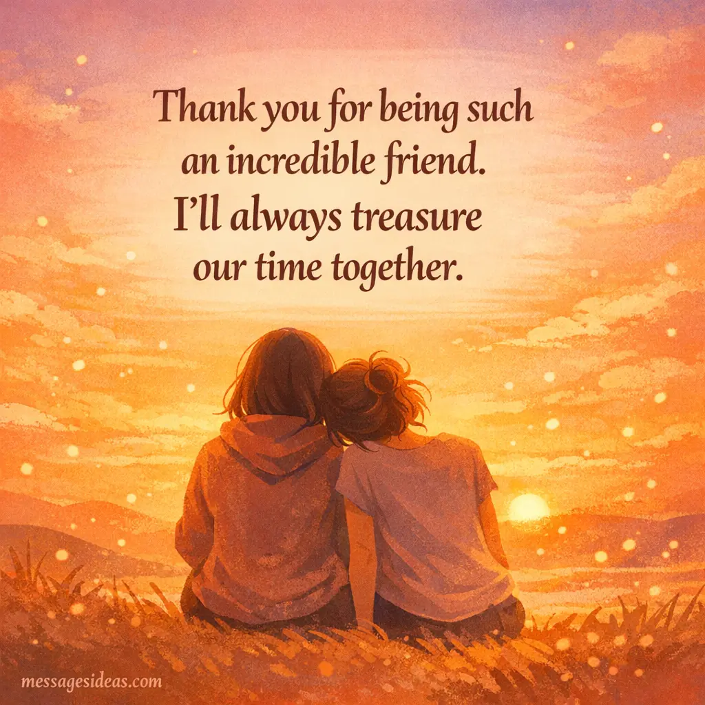Warm farewell illustration of two friends at sunset expressing gratitude and treasured friendship memories with emotional quote