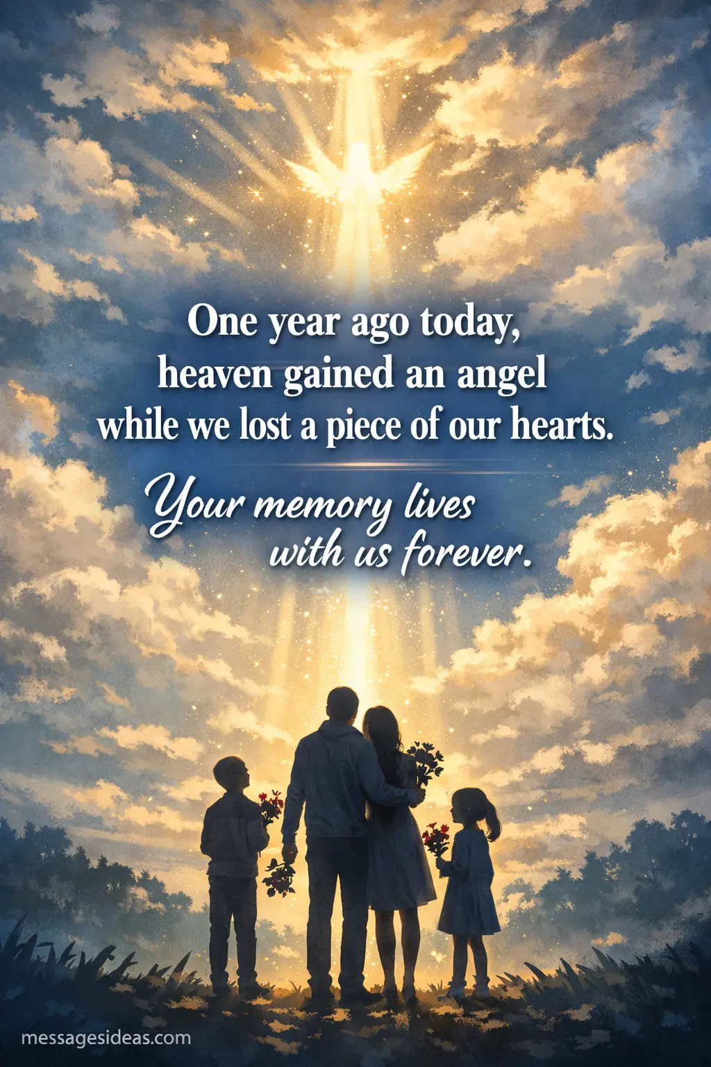 Heaven-themed memorial illustration with glowing clouds and angelic light symbolizing a loved one remembered one year after passing, highlighting the emotional quote about heaven gaining an angel.