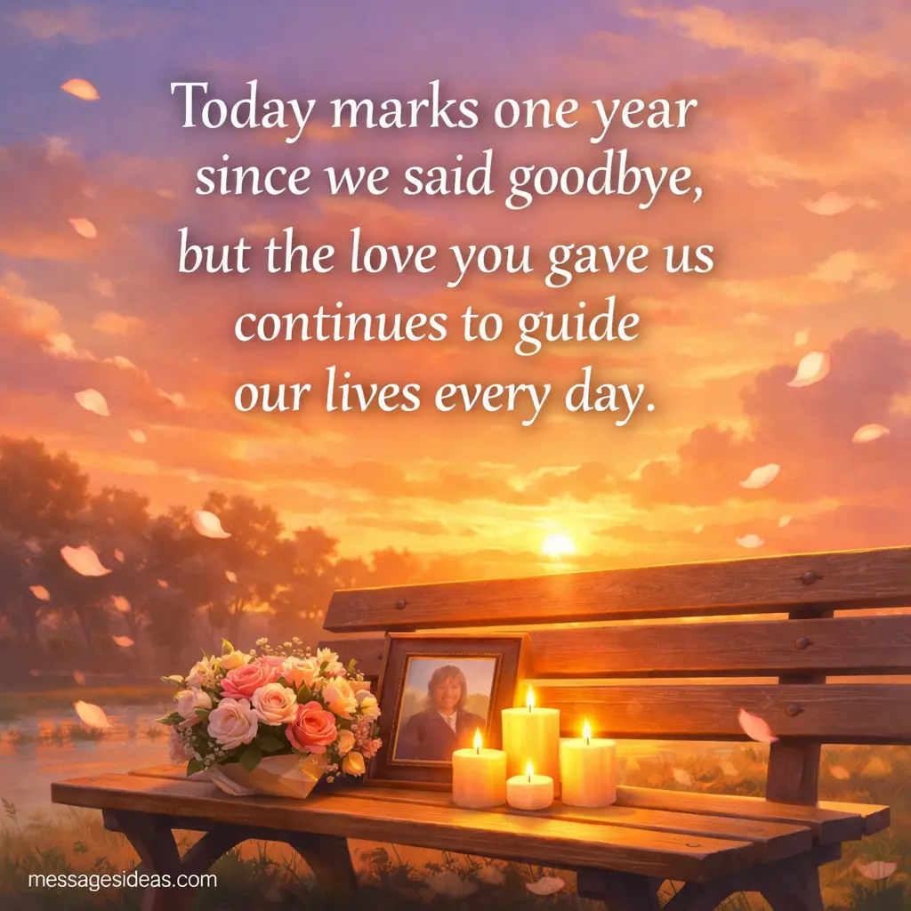 Semi-realistic memorial illustration of a peaceful sunset park bench with flowers and candles representing remembrance and grief, featuring the quote about one year since saying goodbye and how love continues to guide life.