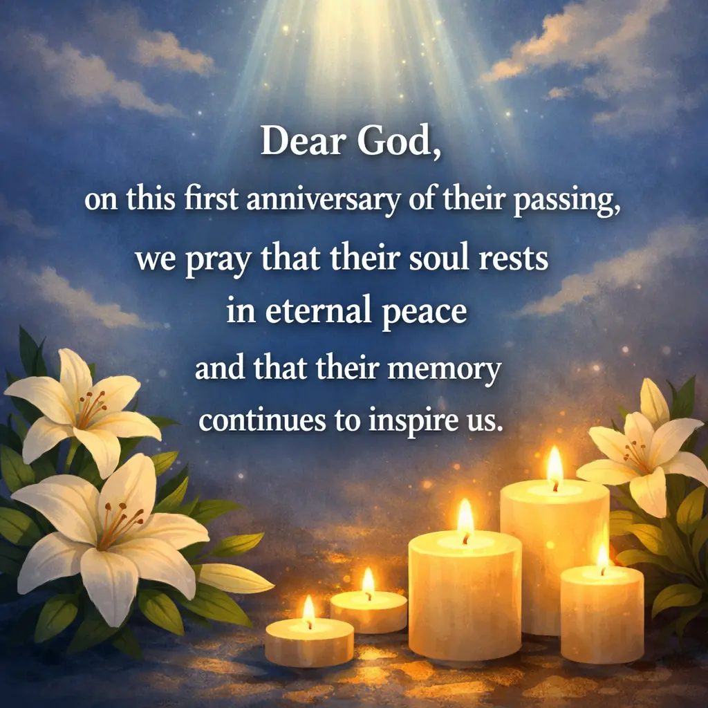 Serene candle and white lily memorial illustration representing prayer and peace on the first anniversary of a loved one’s passing with a heartfelt spiritual remembrance quote.