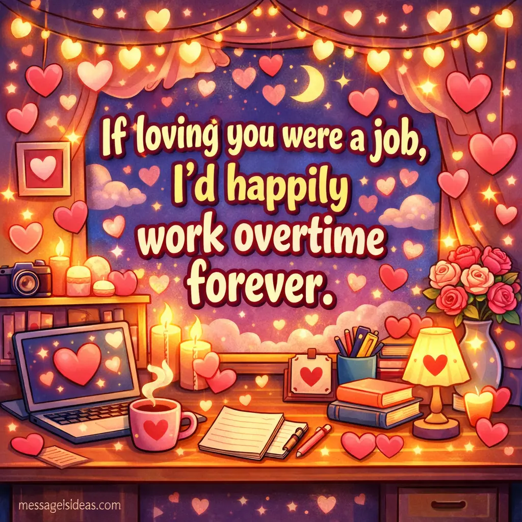 Playful cartoon illustration of love compared to a joyful job showing dedication and endless affection in a fun romantic way