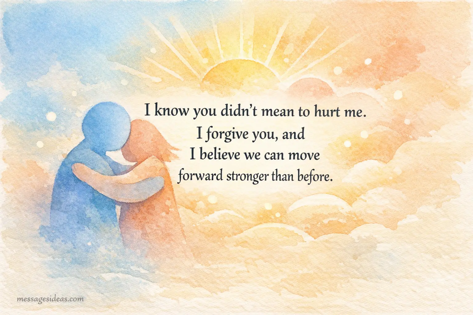 Soft watercolor scene of two abstract figures reconnecting with a message about forgiving and moving forward stronger together