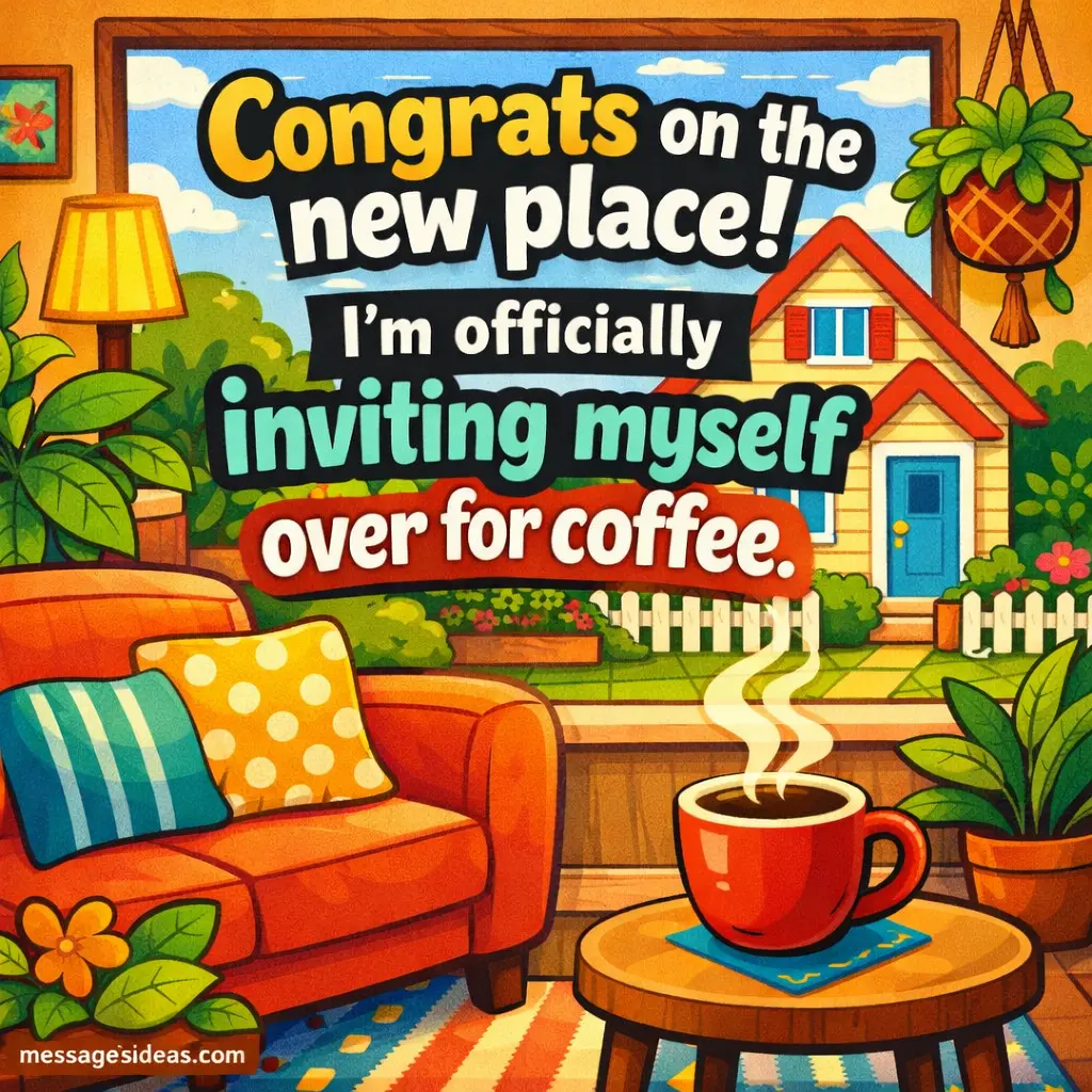 Playful cartoon living room with coffee elements showing a fun congratulatory message about visiting a friend’s new home for coffee