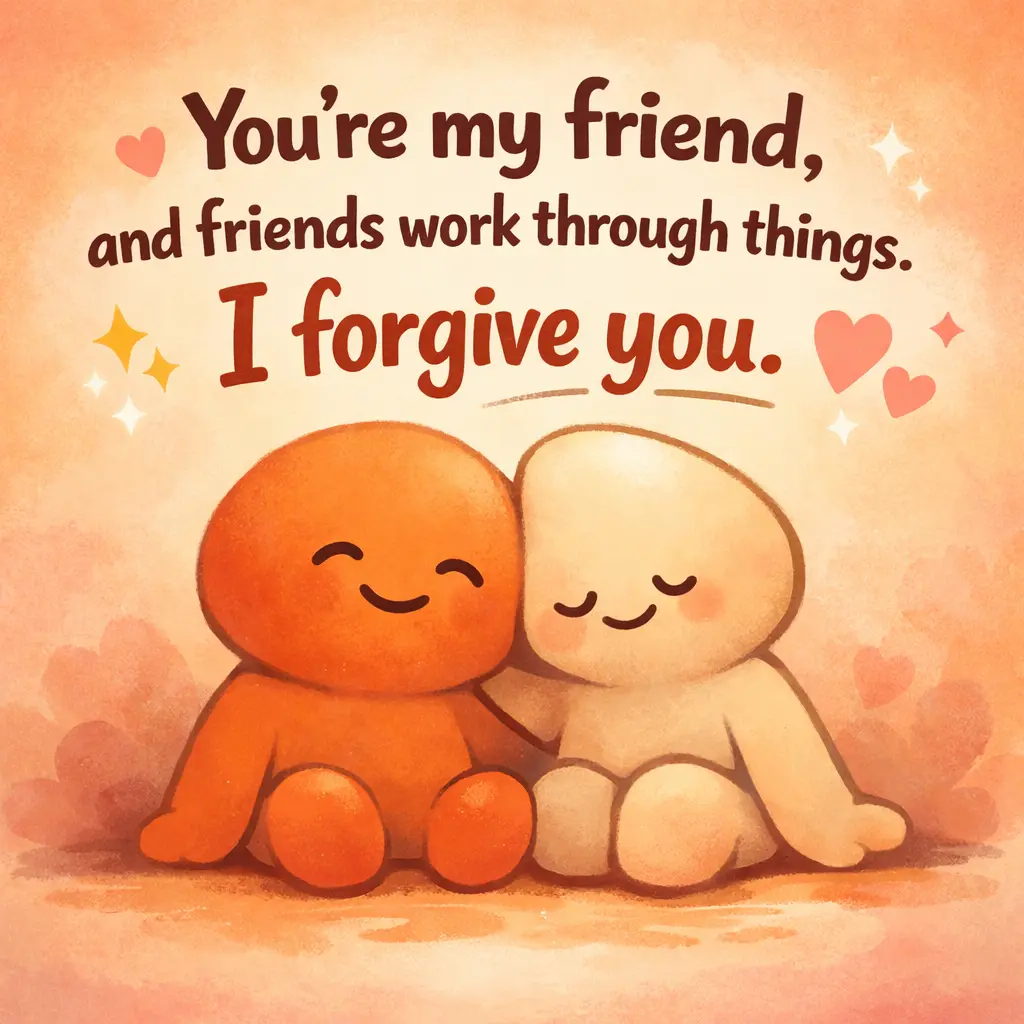 Cartoon-style friendship illustration with warm tones and a quote about forgiving a friend and working through problems together
