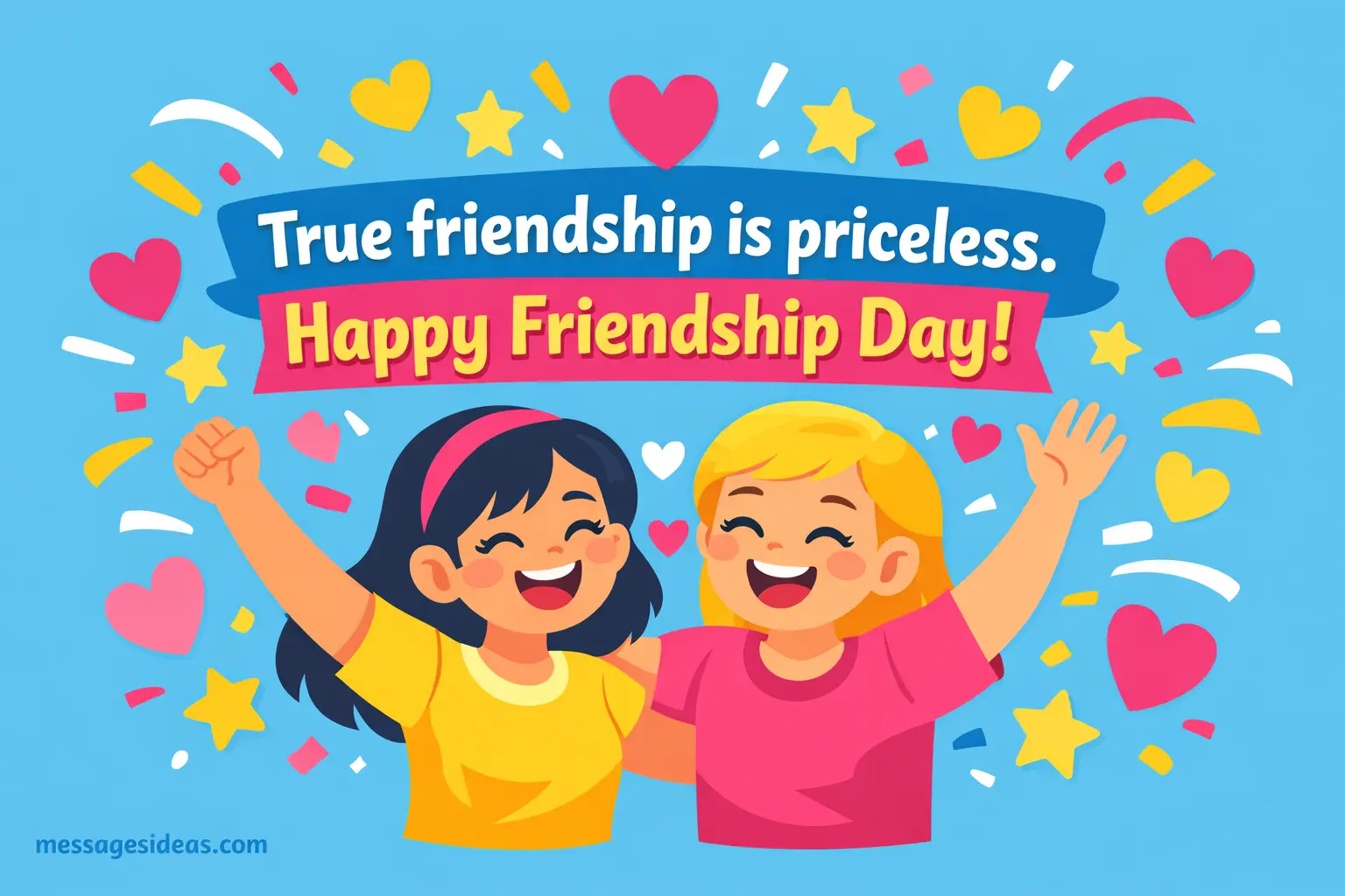 Colorful cartoon illustration of two friends celebrating with hearts and confetti, featuring a Friendship Day quote about how true friendship is priceless and valuable.