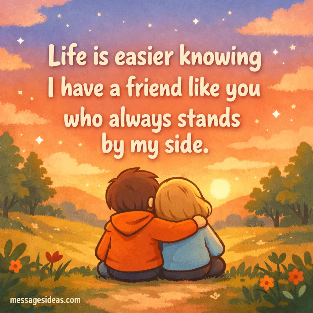 Cartoon-style illustration of two friends together in a warm setting expressing appreciation for loyal friendship and constant support