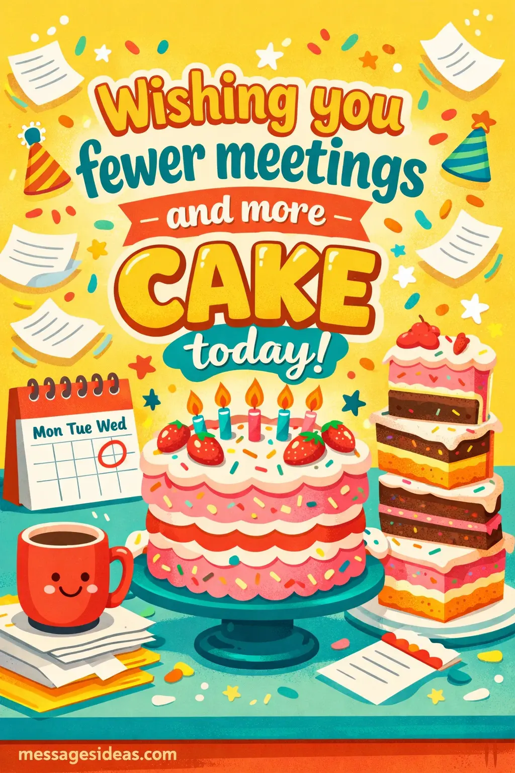Playful cartoon office setup with cake and humorous elements symbolizing fewer meetings and more celebration for a fun birthday message
