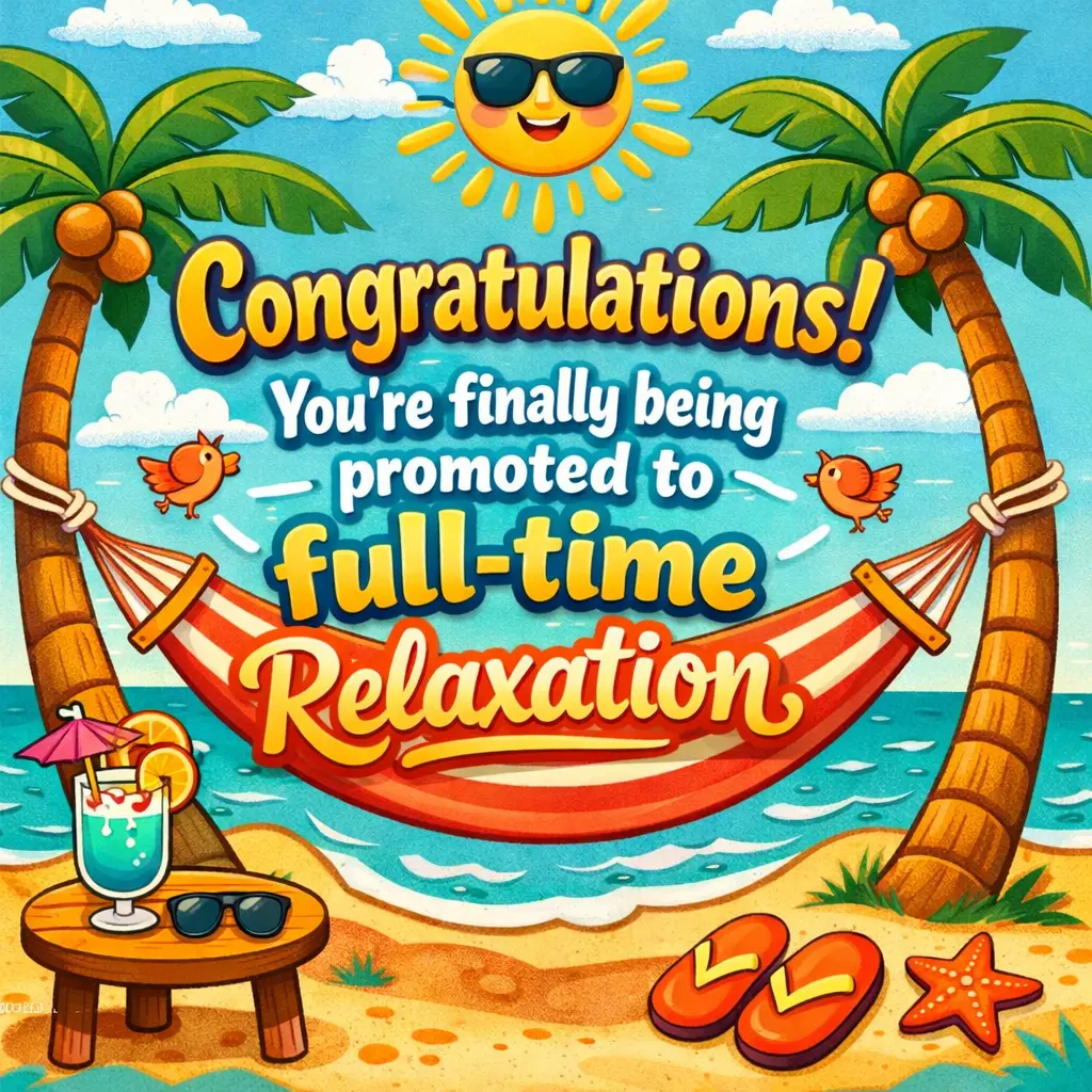 Playful cartoon beach hammock scene representing relaxation and humor about transitioning into full-time retirement life.