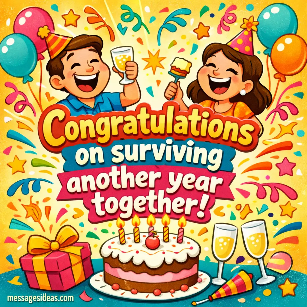 Colorful cartoon celebration scene with a happy couple, cake, and confetti, illustrating a humorous anniversary message about surviving another year together.