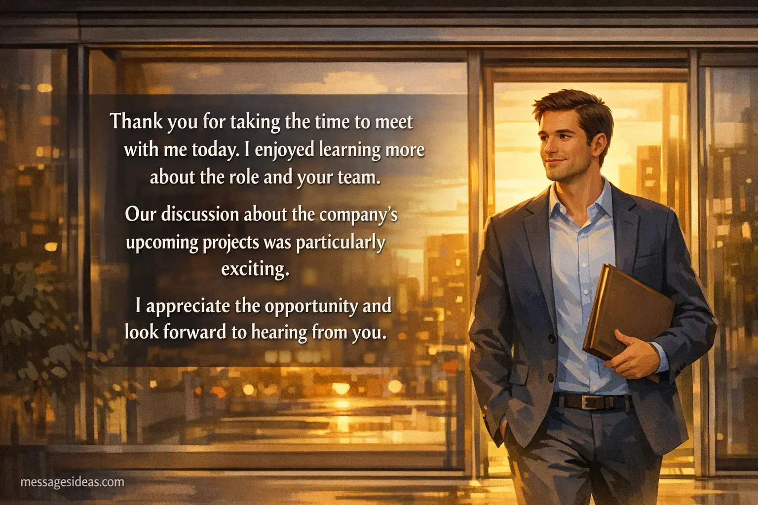 Illustrated office exit scene at sunset with a professional candidate reflecting on a successful interview, featuring a gratitude quote about appreciating the meeting and company projects.