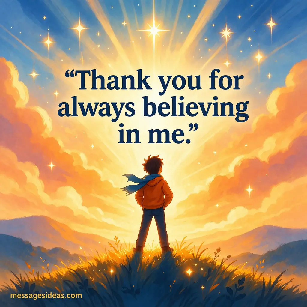 Stylized illustration of a person standing under glowing stars symbolizing encouragement with a thank you message about belief and emotional support