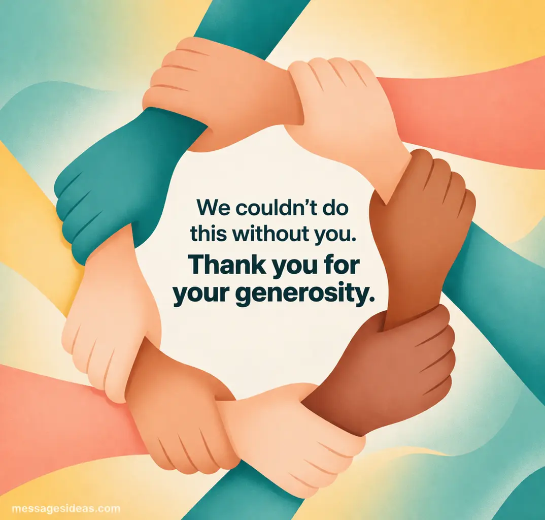 Flat vector design of connected hands in a circle symbolizing unity and generosity with appreciation message thanking donors for their support