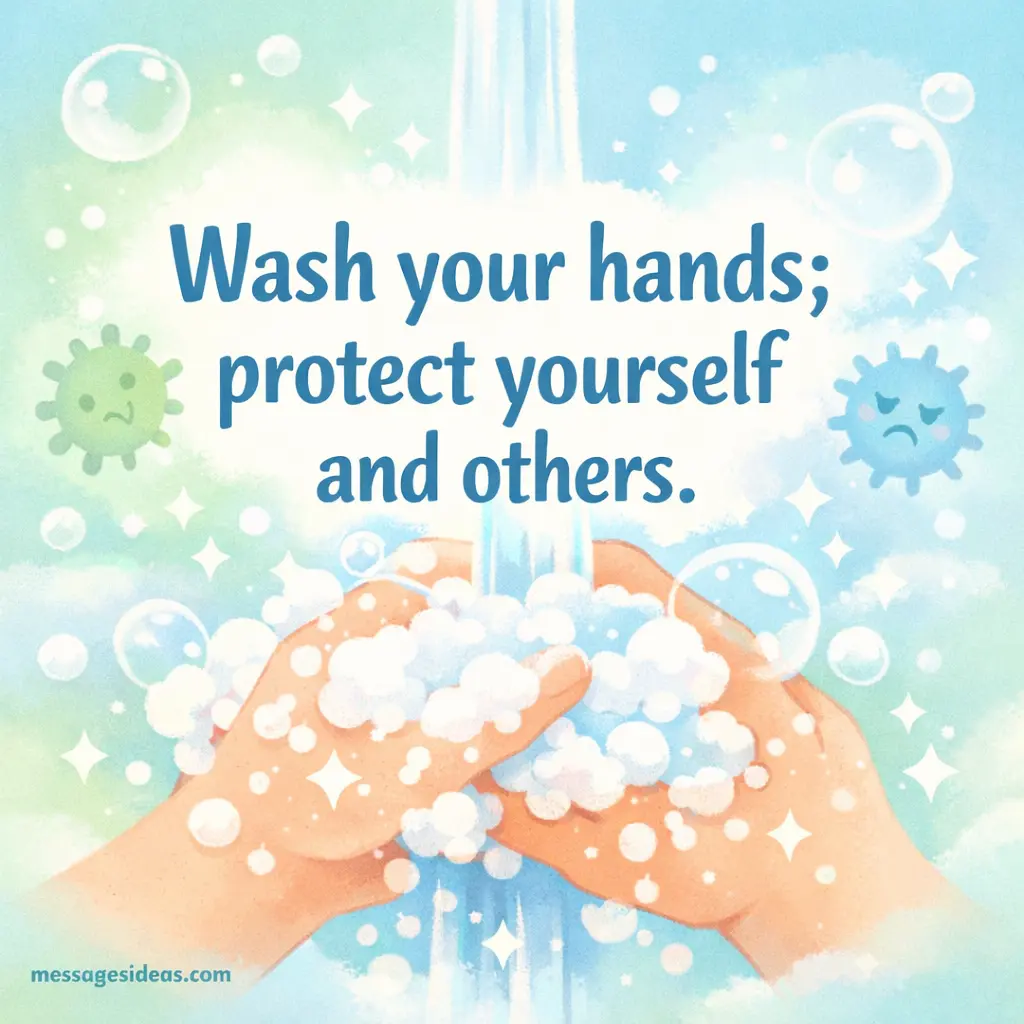 Soft pastel illustration of hands being washed with soap and water representing hygiene and health protection with a message encouraging handwashing to protect yourself and others.