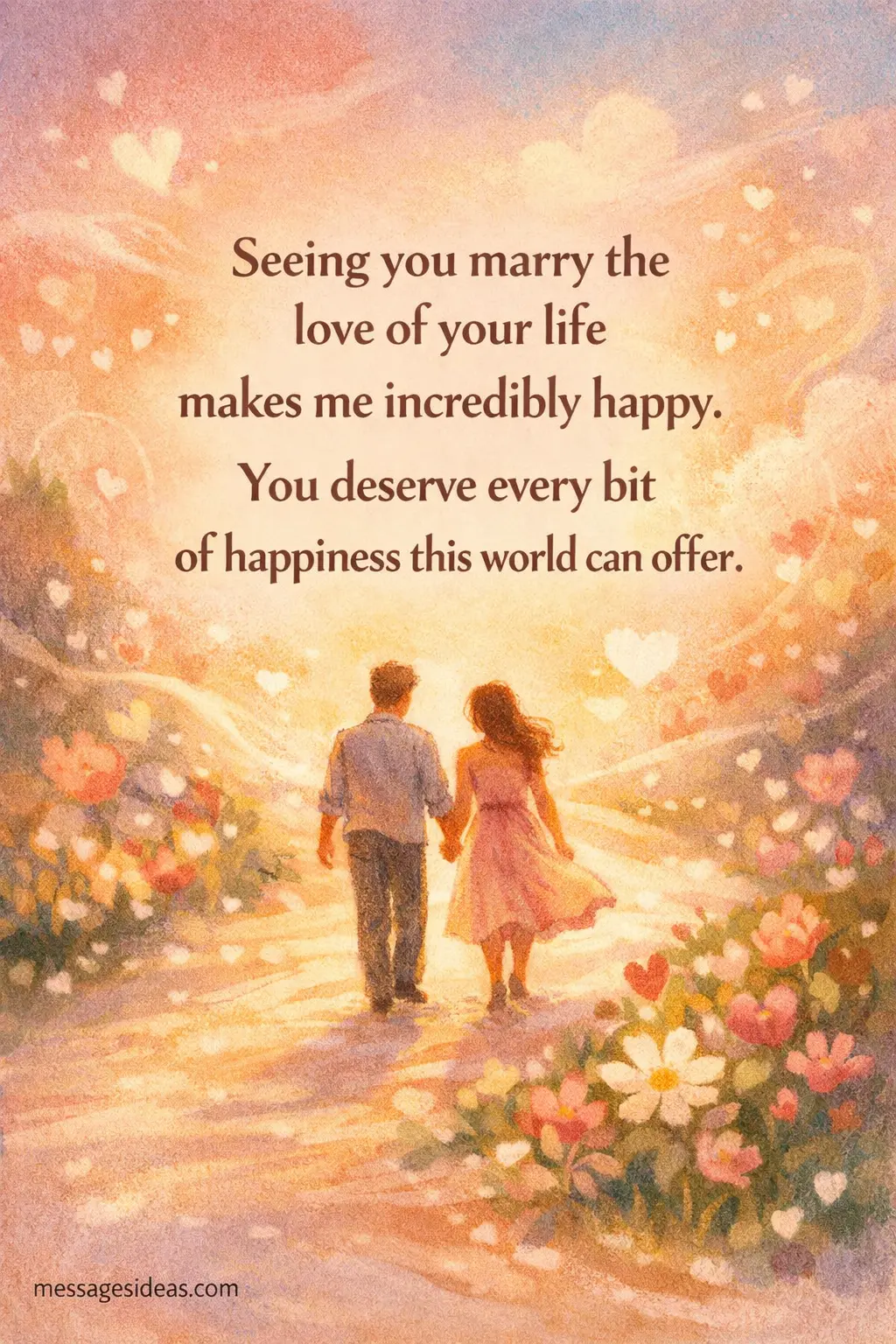 Soft pastel hand-drawn scene of a couple walking a glowing path with a heartfelt wedding message celebrating happiness and lifelong love