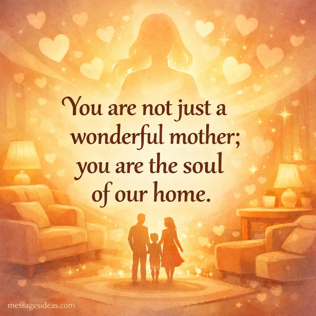 Warm illustrated Mothers Day quote image showing a glowing mother at the heart of a cozy home, representing love and emotional support as the soul of the family.