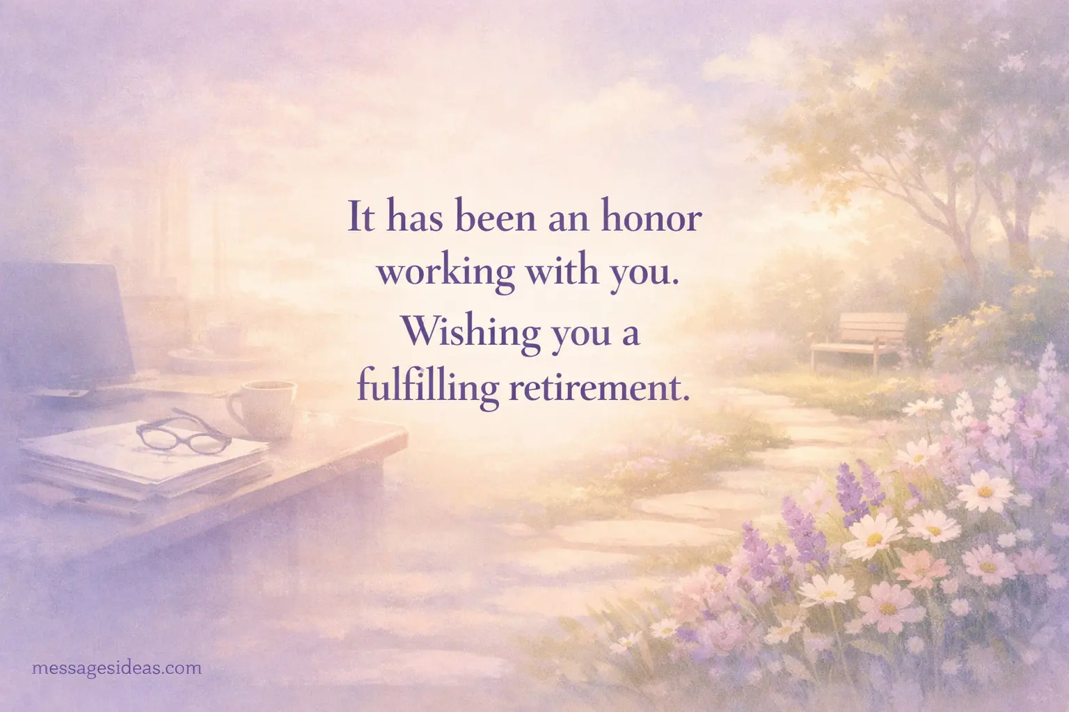 Soft pastel office-to-garden transition scene symbolizing gratitude and respect while wishing a colleague a meaningful and fulfilling retirement.
