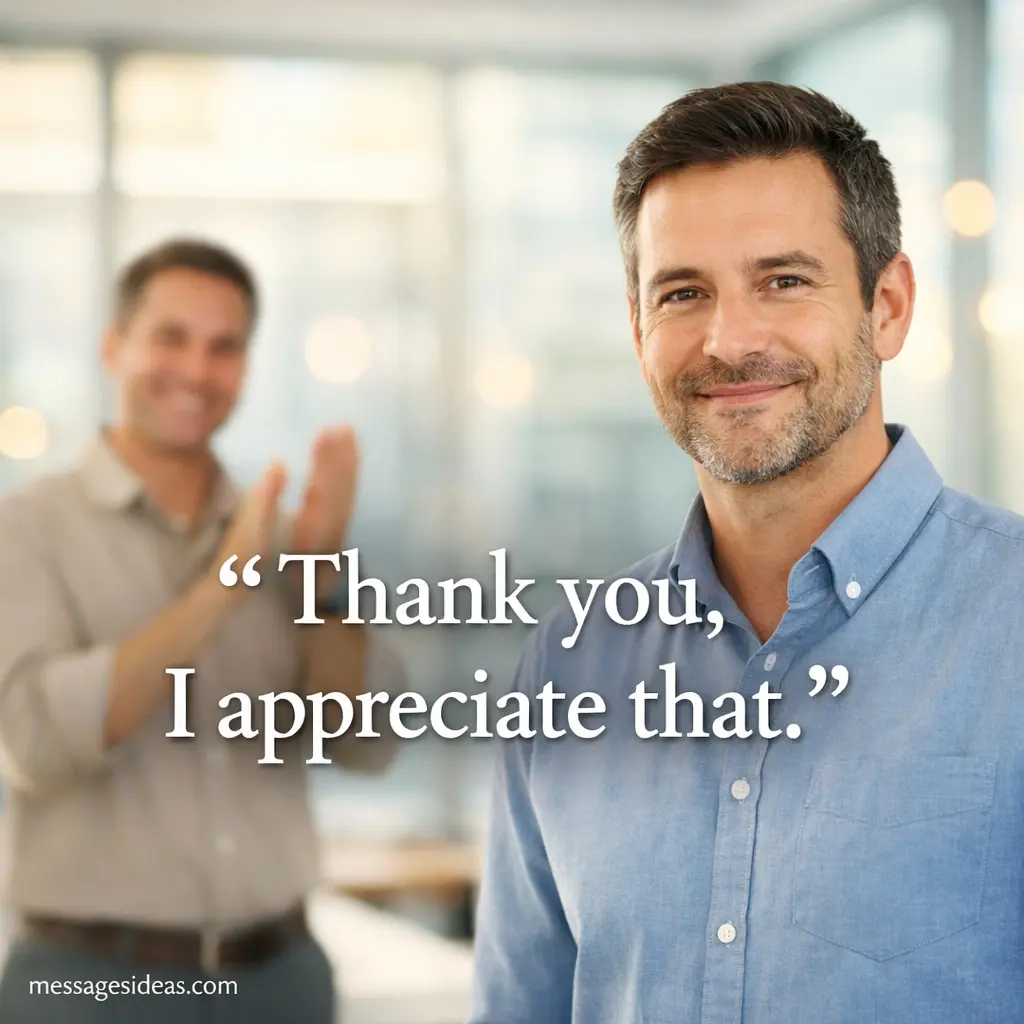 Professional office scene with two men where one humbly responds to praise with the quote Thank you, I appreciate that, illustrating polite gratitude when receiving a compliment.