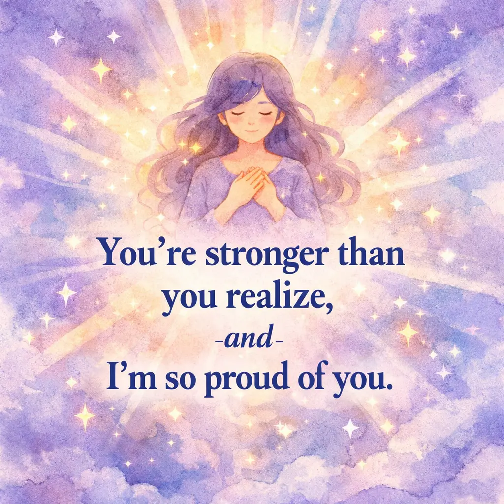 Soft watercolor illustration showing inner strength and emotional support with glowing elements and the quote You're stronger than you realize, and I'm so proud of you.