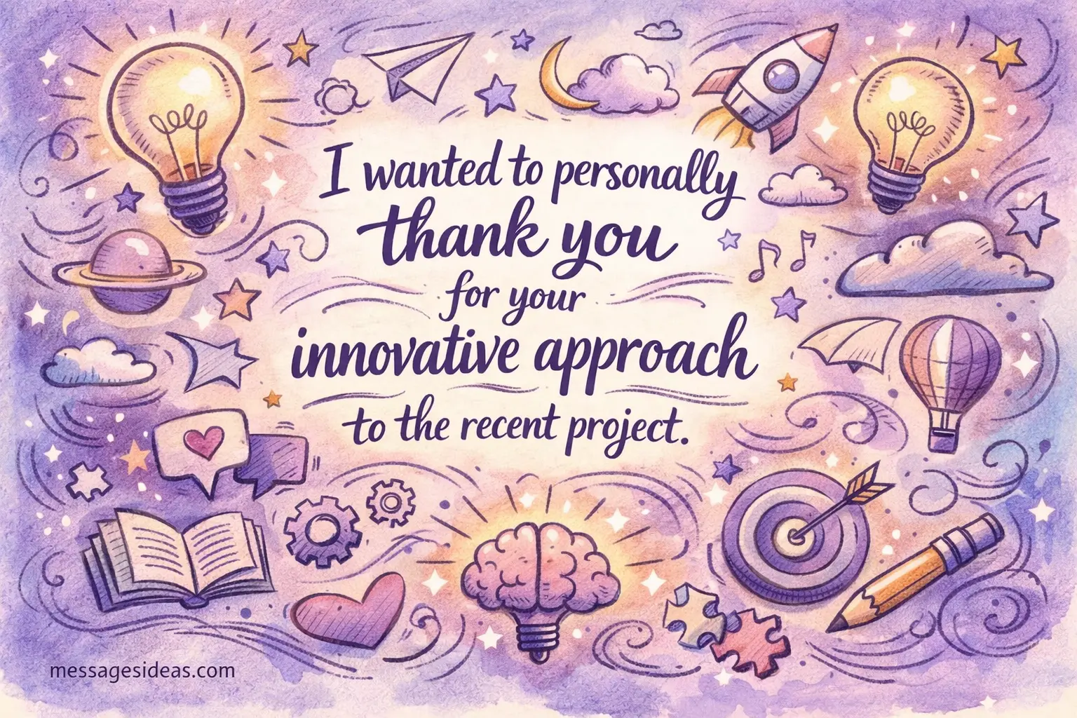 Creative hand-drawn illustration with abstract innovation symbols and a gratitude message appreciating an innovative project approach in a stylish layout.