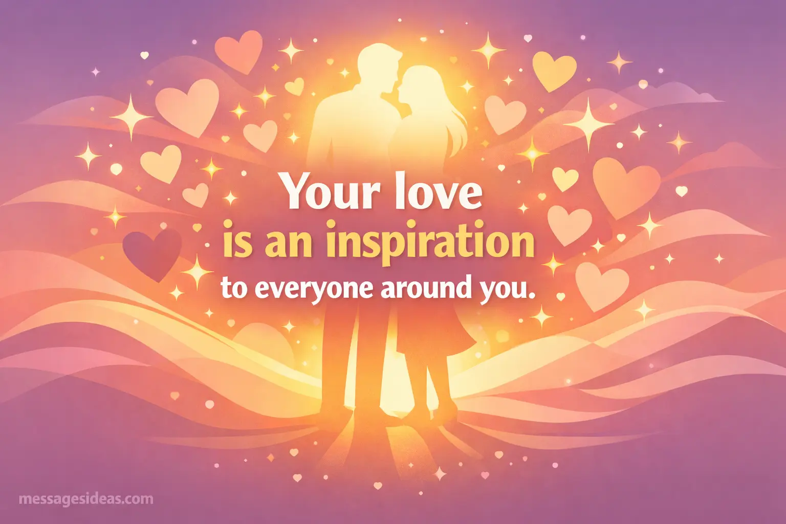 Flat vector art of a glowing couple surrounded by abstract hearts and stars highlighting an inspirational love quote about their relationship