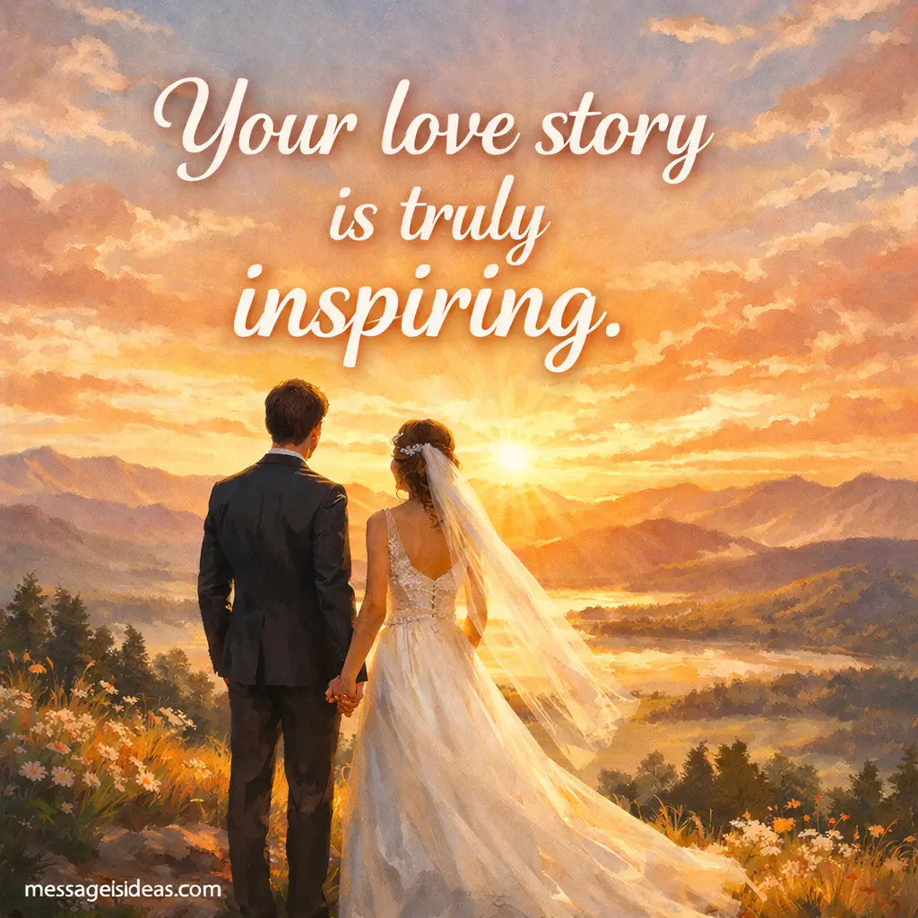 Inspirational wedding hilltop illustration showing a bride and groom looking toward the future symbolizing an inspiring love story.