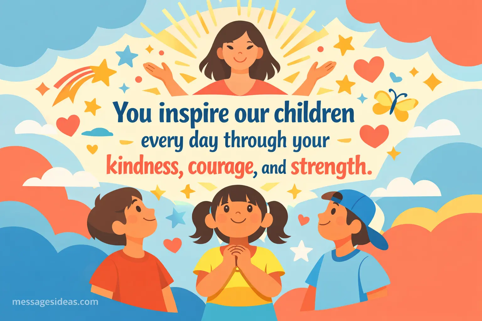 Colorful stylized illustration of a mother inspiring her children with strength and kindness, featuring uplifting symbols and a heartfelt quote about daily inspiration.