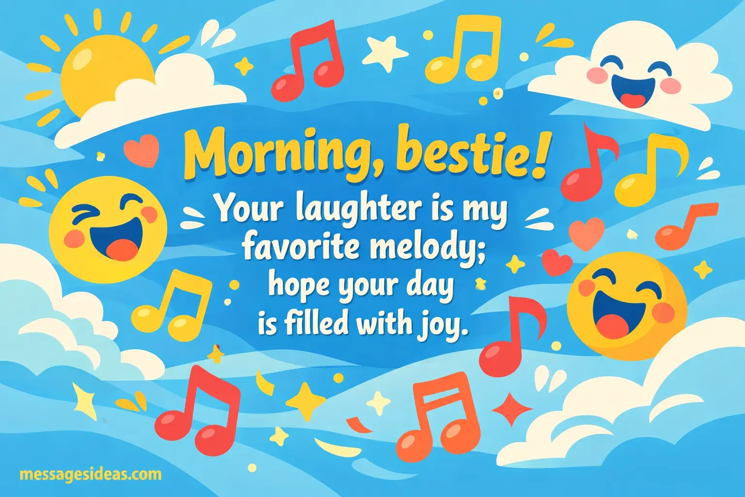 Colorful vector morning scene with musical notes and cheerful shapes highlighting a joyful friendship quote about laughter and happiness.